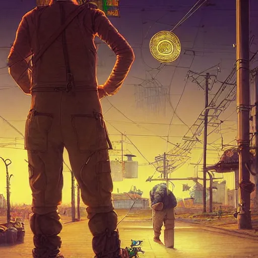 Image similar to A solarpunk very detailed farmer on the street of a very detailed solarpunk city art by Taras Shevchenko, neofuturistic highly detailed, digital art, smooth cyan gold light, sharp focus, Golden Ratio illustration, realistic concept art by Stephen Hickman and James Gurney and Hiromasa Ogura Ghost in the Shell