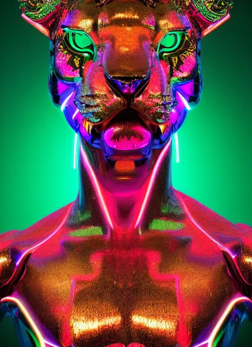Image similar to photo of baroque and bladerunner delicate neon ruby sculpture of seductive ceramic albino king william levy tigers orange iridescent humanoid deity wearing metallic green hoody made out of leaves holding the sun in a reflective prismatic dungeon, reclining, glowing rainbow face, crown of white diamonds, cinematic lighting, photorealistic, octane render 8 k depth of field 3 d