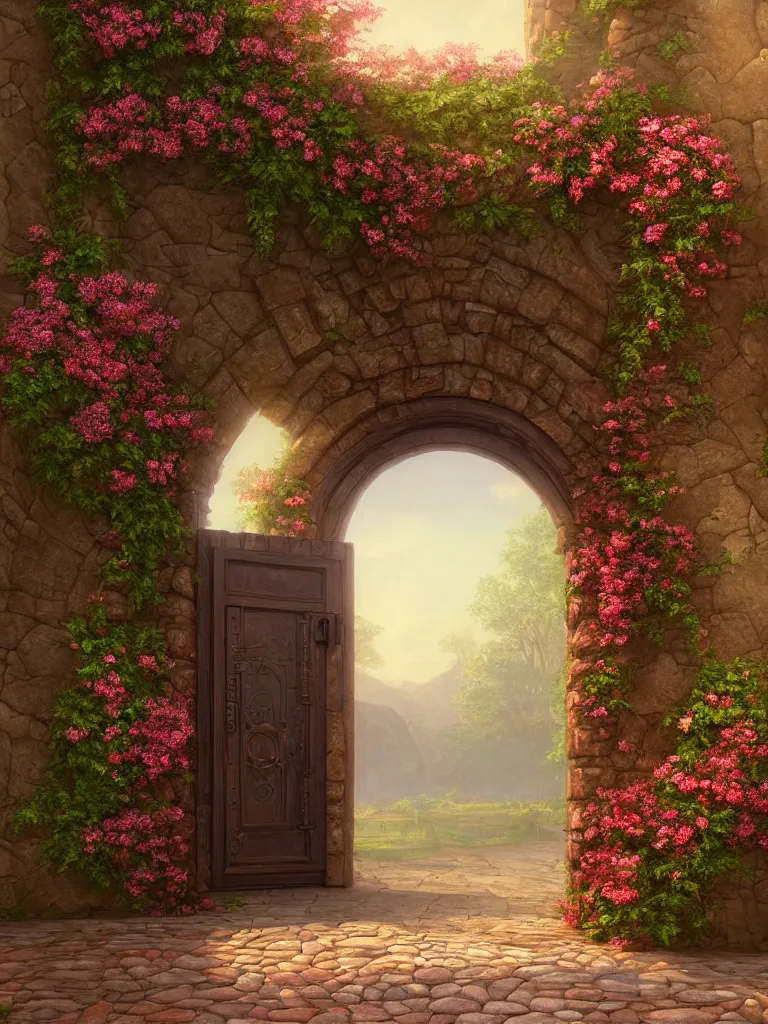 Prompt: HD digital art detailed old copper castle door entrance with flowers and a cobblestone large path outside by James Gurney and Asher brown durand, cgsociety, artstation