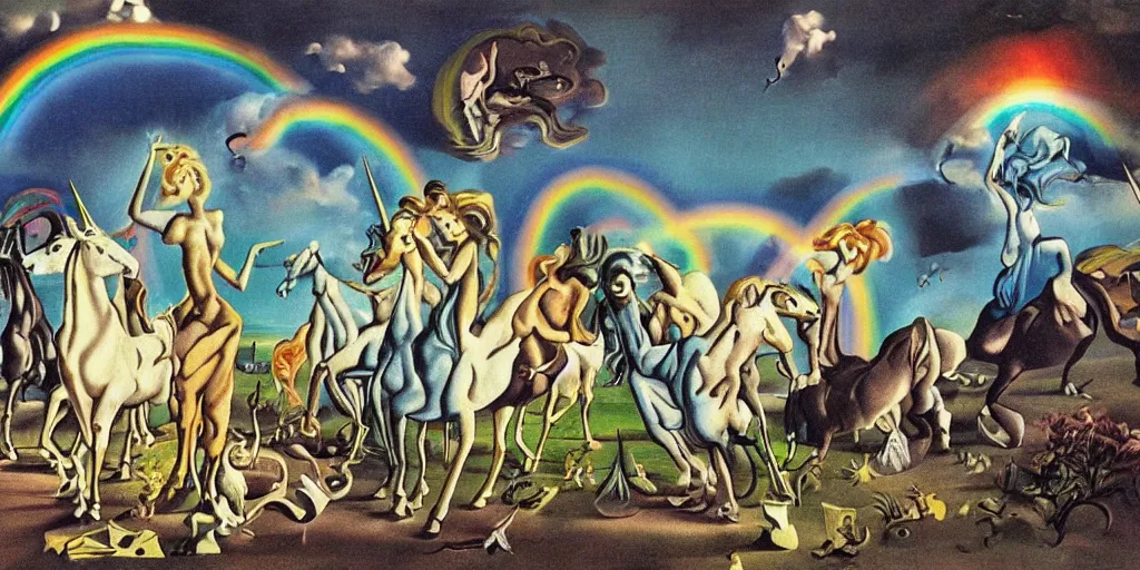 Prompt: A group of five unicorns dancing on a rave in a graveyard in the woods under a rainbow in the night sky, Manga by Salvador Dali