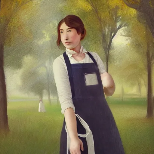 Image similar to a beautiful full body portrait of a young woman wearing an apron standing in a park, kantoku, james gilleard, very detailed, matte, gaussian blur, tone mapped William-Adolphe