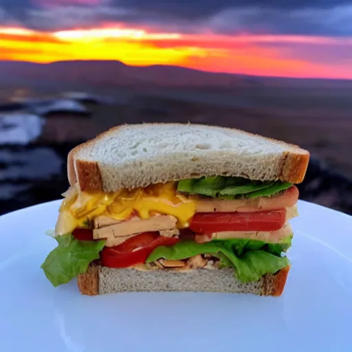 Image similar to sandwich with roasted tofu, also tomato, onion, avocado and cheddar, over a dish and over a table, sunset background with saturn in the sky, studio photo, amazing light