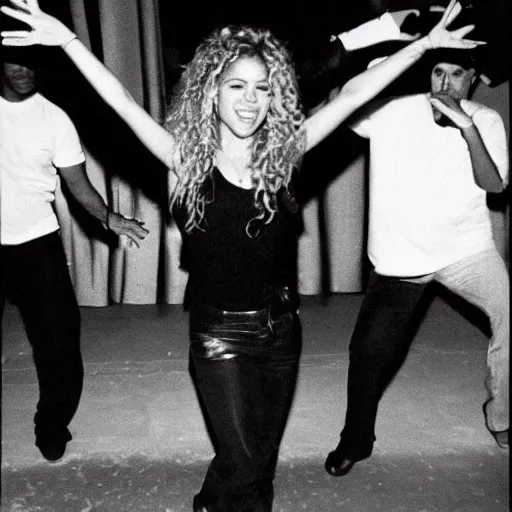 Image similar to Shakira dancing the cookie monster dance, in a nightclub, 1990 photograph