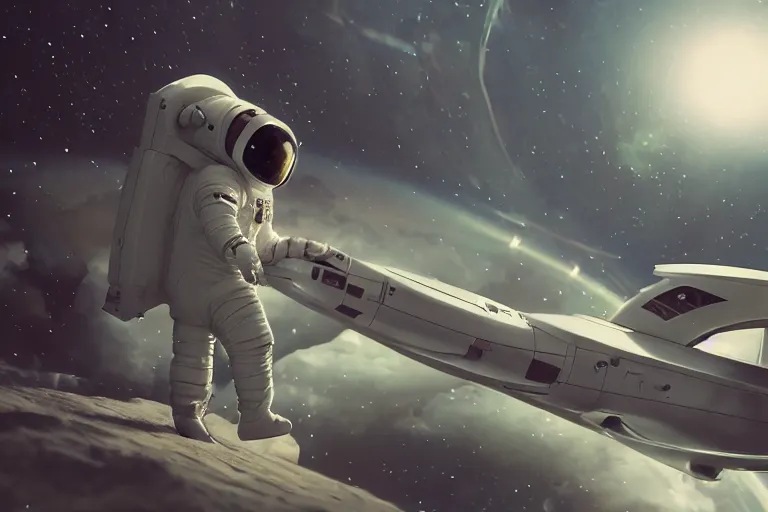 Prompt: astronaut chasing a spaceship Anime, wide angle, fine details, cinematic. galaxy starscape. realistic shaded lighting by Ilya Kuvshinov Giuseppe Dangelico Pino and Michael Garmash and Rob Rey greg rutkowski, octane render, IAMAG premiere, aaaa achievement collection, elegant freckles, cinematic hologram, fabulous, daily deviation, annual award winner