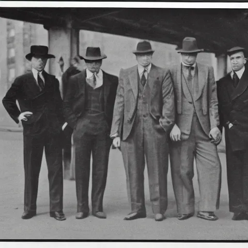 Prompt: 1930s photograph of a new-york mafia gang, film grain, slightly blurry, realistic, ominous, dramatic, confident poses