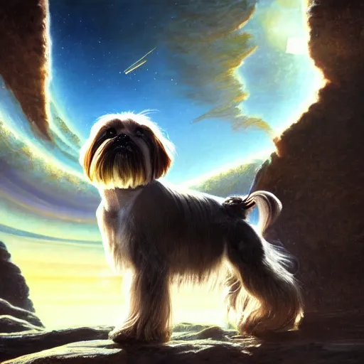 Prompt: Shih Tzu on an alien planet, digital painting, artstation, concept art, donato giancola, Joseph Christian Leyendecker, WLOP, Boris Vallejo, Breathtaking, 8k resolution, extremely detailed, beautiful, establishing shot, artistic, hyperrealistic, beautiful face, octane render, cinematic lighting, dramatic lighting, masterpiece