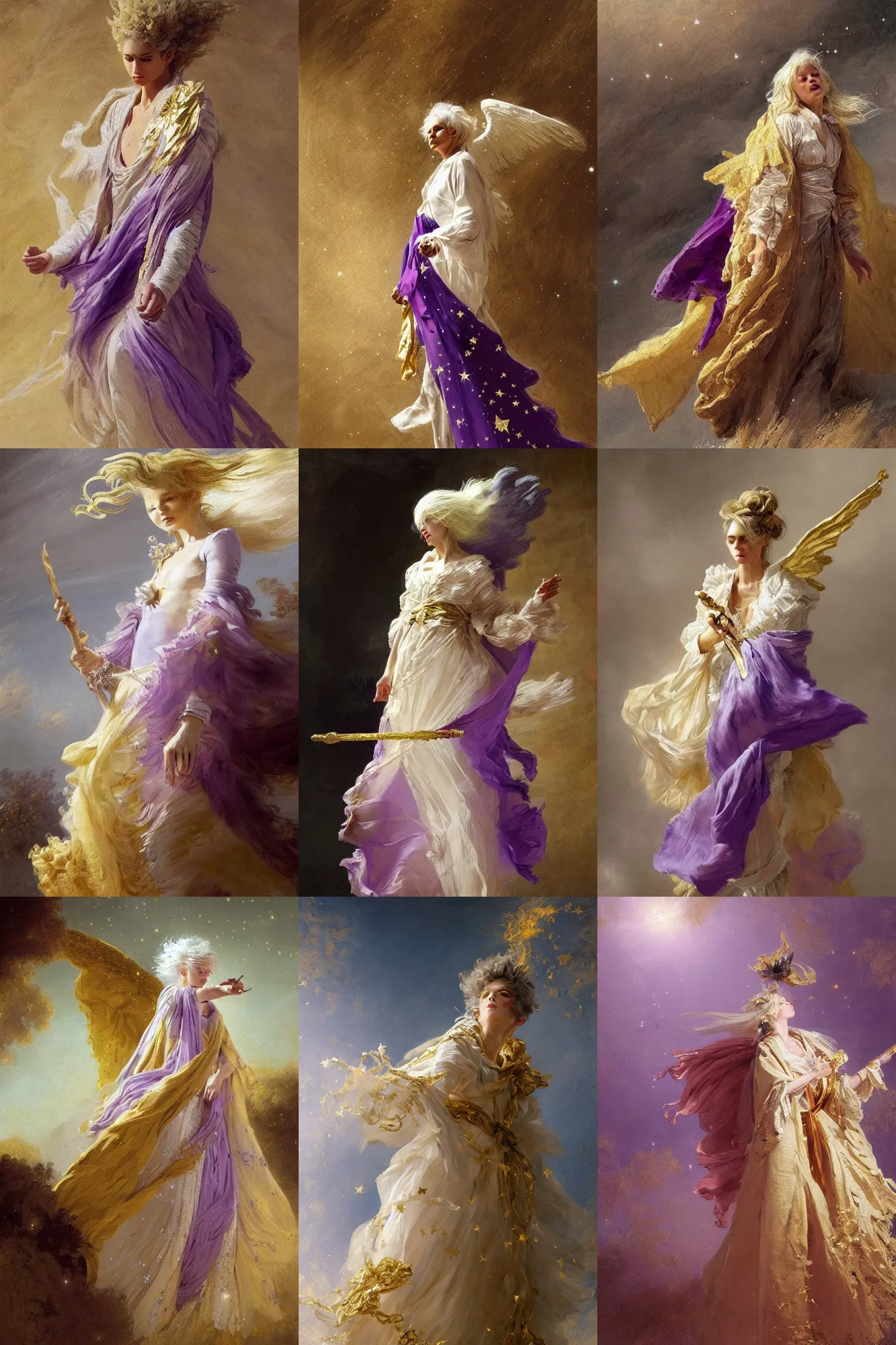Prompt: an angel with long light white hair and a gold scarf, windy, cape, purple ribbons, stars, stoic, modern maximalist fashion dress, is ( ( holding a staff ) ). light dust, magnificent, hyperdetailed, theatrical, painted by jean honore fragonard and greg rutkowski