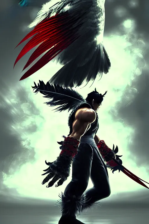 Image similar to Tekken 4 fighter anime Stunning Portrait right side profile giant Robot Owl with feathers all over its body, short black feathers with a samurai sword on its back, in a fighting stance, digital painting, artstation, concept art, soft light, hdri, smooth, sharp focus, illustration, art by tian zi, craig mullins, Mark Arian, WLOP, alphonse mucha