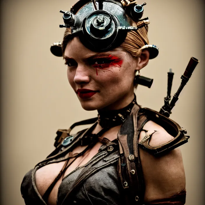 Image similar to photograph of a real - life very beautiful atompunk warrior. extremely detailed. dslr. 8 5 mm.