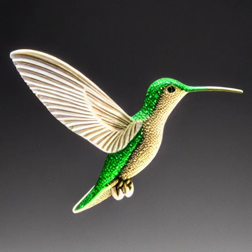 Image similar to intricate hummingbird carved from ivory, bioluminescent, photograph, studio lighting