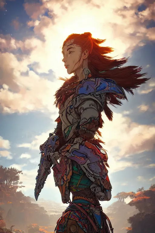 Image similar to combination suit armor aloy horizon forbidden west horizon zero dawn radiating a glowing aura global illumination ray tracing hdr fanart arstation by ian pesty and alena aenami artworks in 4 k tribal robot ninja mask helmet backpack