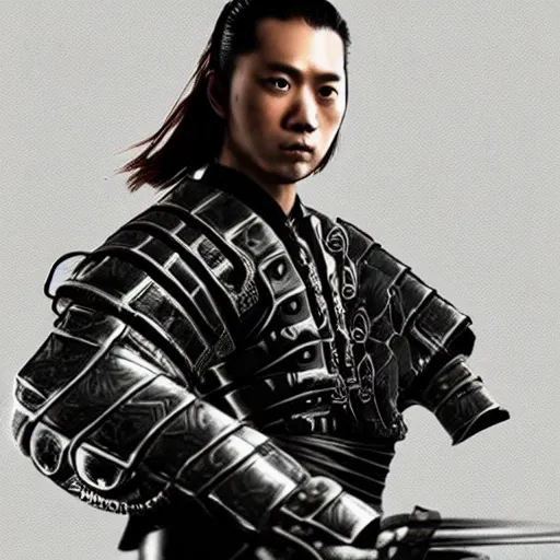 Image similar to ultrarealistic portrait photography android samurai 47 ronin cyberpunk white background