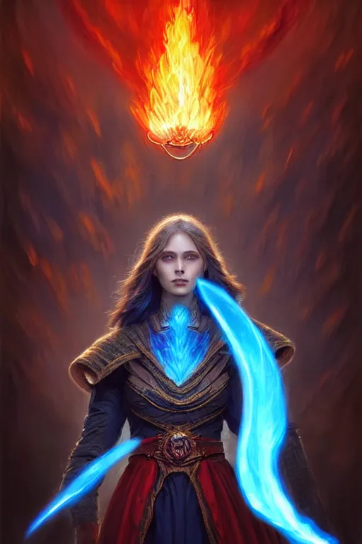 Image similar to Front portrait of mage hold a blue fire on right hand and red fire on the left hand, full body, fine art, awesome fantasy book cover on Pinterest, award winning, dark fantasy landscape, fantasy magic, intricate, elegant, sharp focus, cinematic lighting, highly detailed, digital painting, concept art, art by WLOP and Artgerm and Greg Rutkowski, masterpiece, trending on artstation, 8K