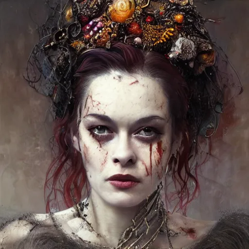 Prompt: stoya expressive oil painting, of helena bonham carter mixed with sophia lauren, bumpy mottled skin full of blood and scars, ornate headpiece made from crystals, cables and wires, body horror, by yoshitaka amano, by greg rutkowski, by jeremyg lipkinng, by artgerm, digital art, octane render