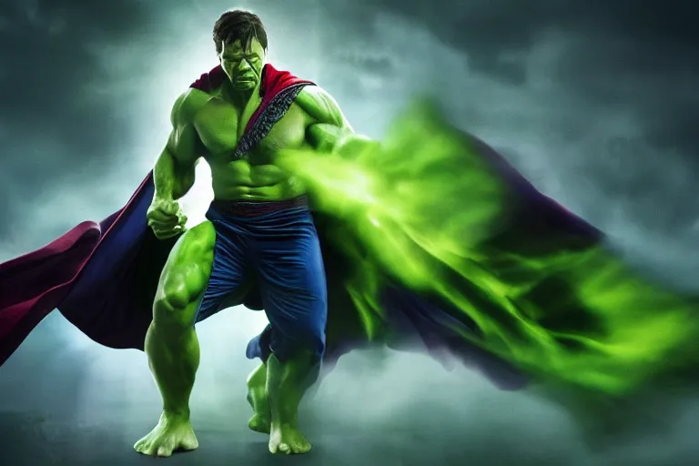 Prompt: photograph of the hulk wearing doctor strange's cape, straining his muscles, on a background full of magic, photography, dramatic, cinematic