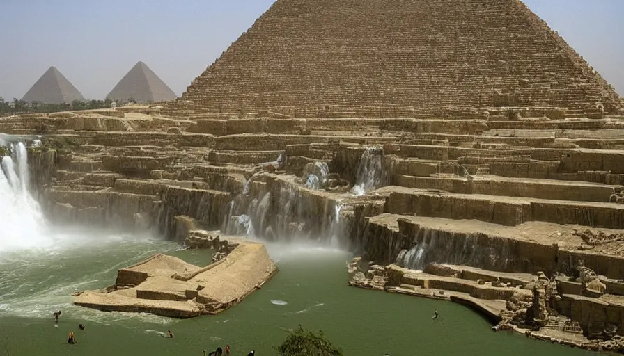 Prompt: waterfalls are flowing down the pyramids, archive photo, paradise