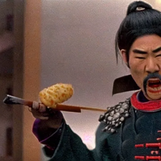 Prompt: scene from Kagemusha, 1980, movie still, cinematic, a samurai eating a delicious hot dog, epic,