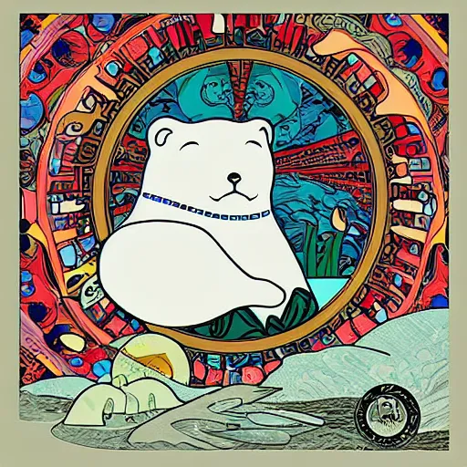 Image similar to baby harp seal, moon rise, illustration, pop art, splash painting, art by geof darrow, ashley wood, alphonse mucha