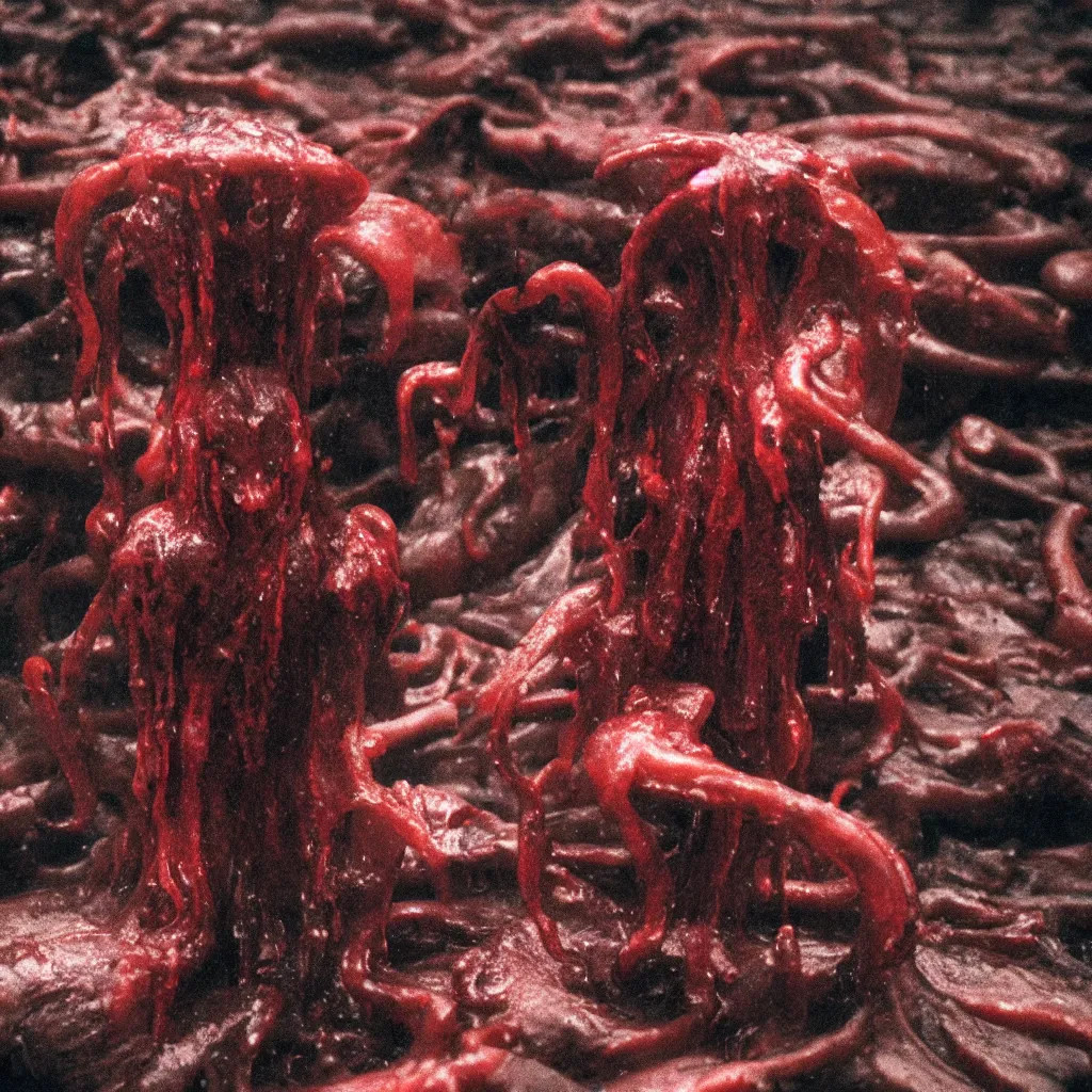 Prompt: grainy 2 0 mm film photograph of an angry glossy wet gory fungus demon god. uhd, amazing depth, cinematic lighting, levitating floating fungus god with arms outstretched.