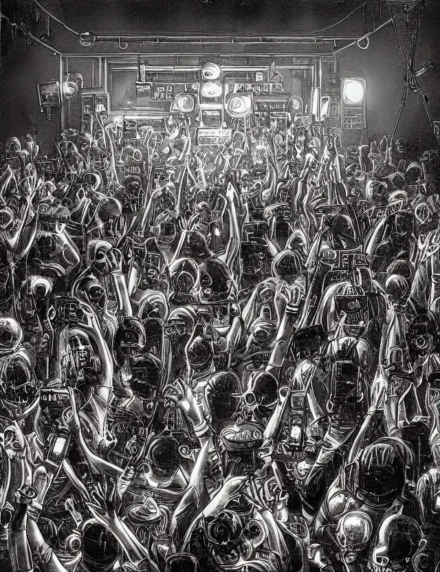 Image similar to “Large crowd of people dancing wildly in a room full of electronic steampunk equipment with lots of electric wires and large loudspeakers and audio meters. Skeleton DJ is playing records on the podium. Artstation. Bright spotlights and strobo lights. Dark, highly detailed. In a style of Mike Savad.”