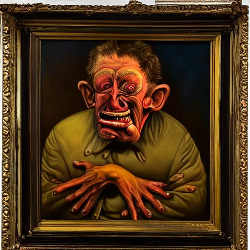 Image similar to oil painting with black background by christian rex van minnen robert williams todd schorr of a portrait of an extremely bizarre disturbing mutated man with acne intense chiaroscuro lighting perfect composition masterpiece