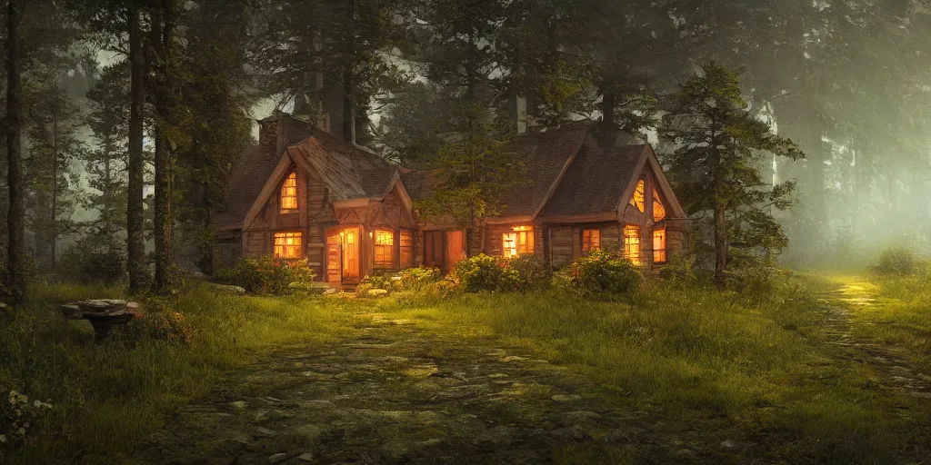 Prompt: cottage in the woods, 8k, fantasy, photorealistic, dramatic lighting