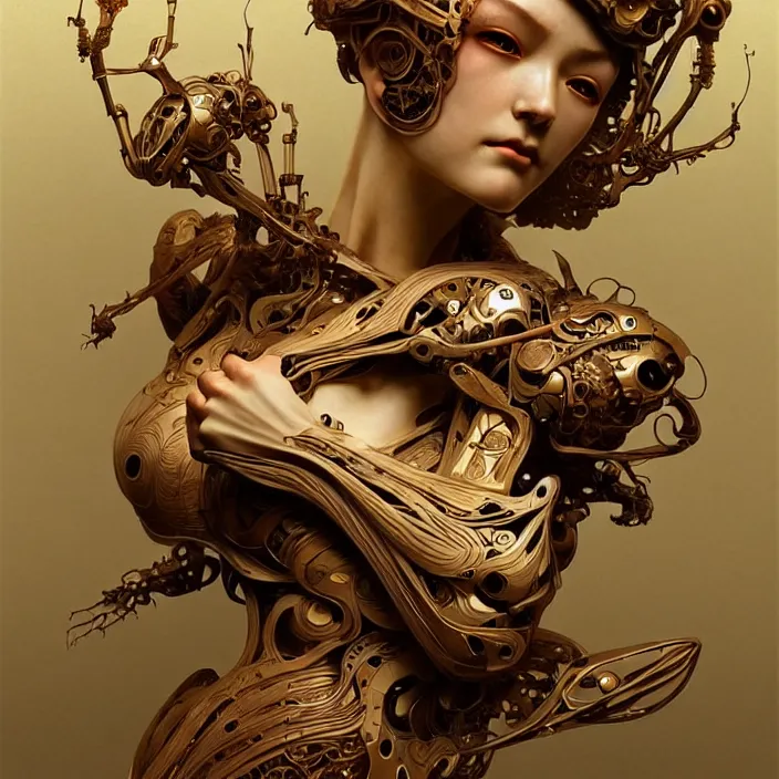 Image similar to organic cyborg, japanese wood carving, diffuse lighting, fantasy, intricate, elegant, highly detailed, lifelike, photorealistic, digital painting, artstation, illustration, concept art, smooth, sharp focus, art by John Collier and Albert Aublet and Krenz Cushart and Artem Demura and Alphonse Mucha