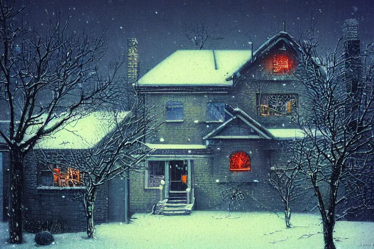 Image similar to cyberpunk, winter in the snow, Christmas lights, external view of a 5 bedroom detached cyberpunk house in the UK, by Beksinski