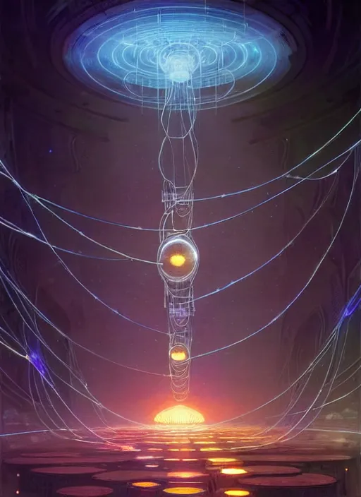 Prompt: high depth, collective civilization learning, calm, healing, resting, life, hybrids, scifi, glowing lights!!, published concept art, mixed medias, image overlays, sharp focus, thin glowing wires, winning illustration, art by greg rutkowski and alphonse mucha, singularity!!!, 3 6 0 projection