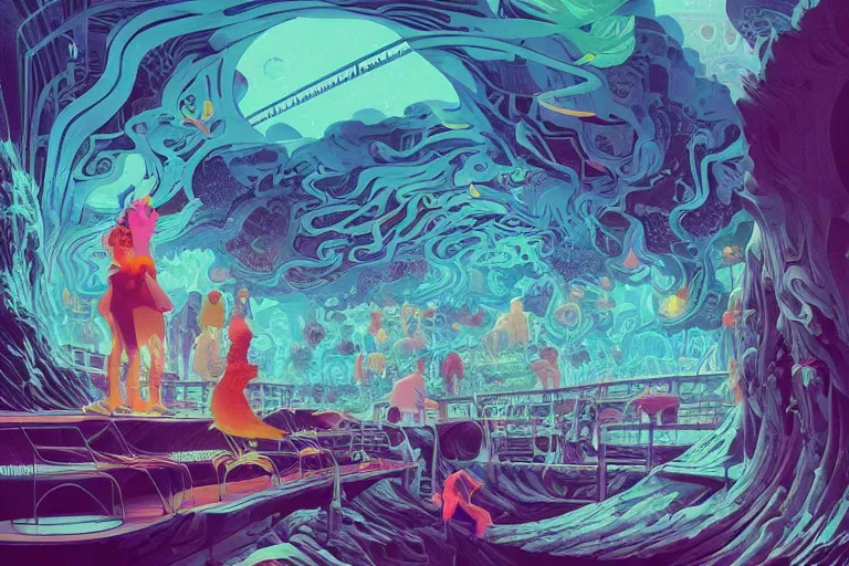 Prompt: an underground river full of lost souls, dark vibrant shades of blue, depressing and hopeless vibe, tristan eaton, victo ngai, artgerm, rhads, ross draws