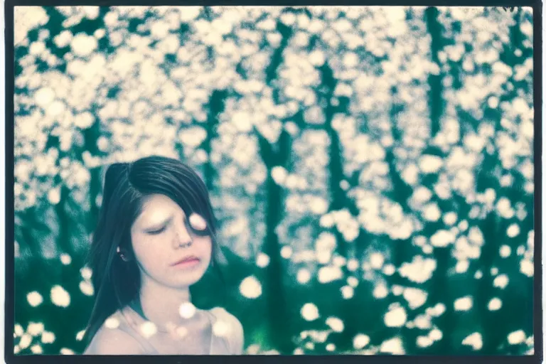 Prompt: blured shadow of sleepy young woman on white light, focused background blue night sky with stars, blossom sakura, polaroid photo