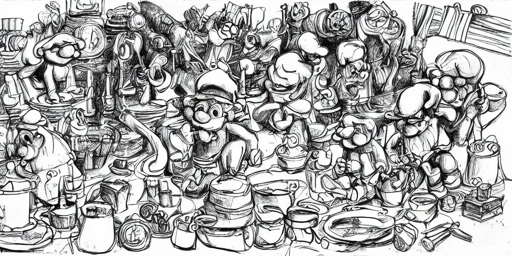 Prompt: high detailed drawing of smurfs and long white bones black and white, tables, tools, leaking oil, line art, pen & ink drawing