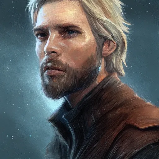 Image similar to portrait of a man by greg rutkowski, cade skywalker, messy blond hair, beard, tall and muscular, star wars expanded universe, he is about 3 0 years old, wearing a flying jacket, distrustful and arrogant, highly detailed portrait, digital painting, artstation, concept art, smooth, sharp foccus ilustration, artstation hq