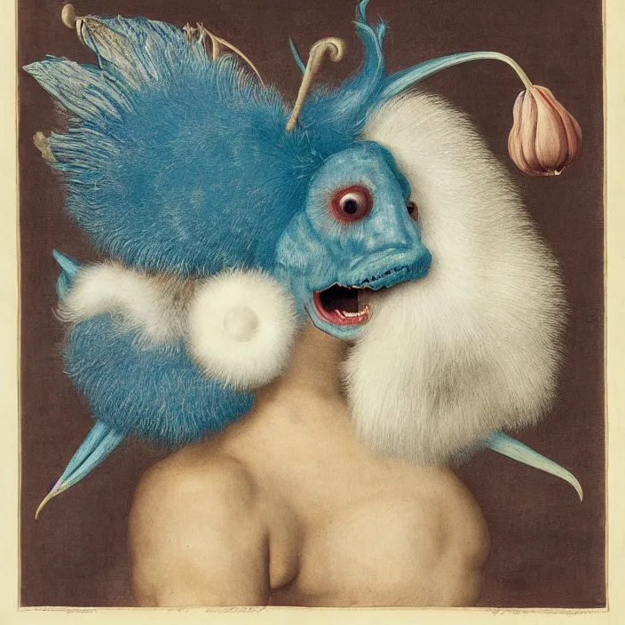 Prompt: close up portrait of a mutant monster creature with white fluffy moth pouf, exotic lily ears, delicate blue conch corns, snout. by jan van eyck, walton ford