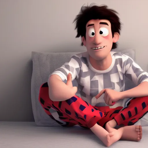 Prompt: Pajama Dan, high-quality 4k Pixar cartoon render, cute man in pajamas, 8k digital art of Pajama Dan