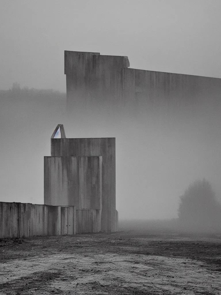 Prompt: High resolution black and white photograph with a 35 mm F/22.0 lens of a Brutalist architectural building alone in the middle of a Russian wasteland in the 1980s in the middle of nowhere while foggy.