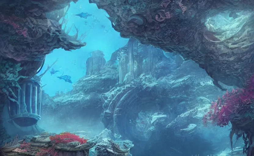 Prompt: sunken underwater temple in the abyss, fish, palladian, doric, illustration, concept art, digital art, colorful, blue, detailed, by yanjun chen, by garry larrson, arstation