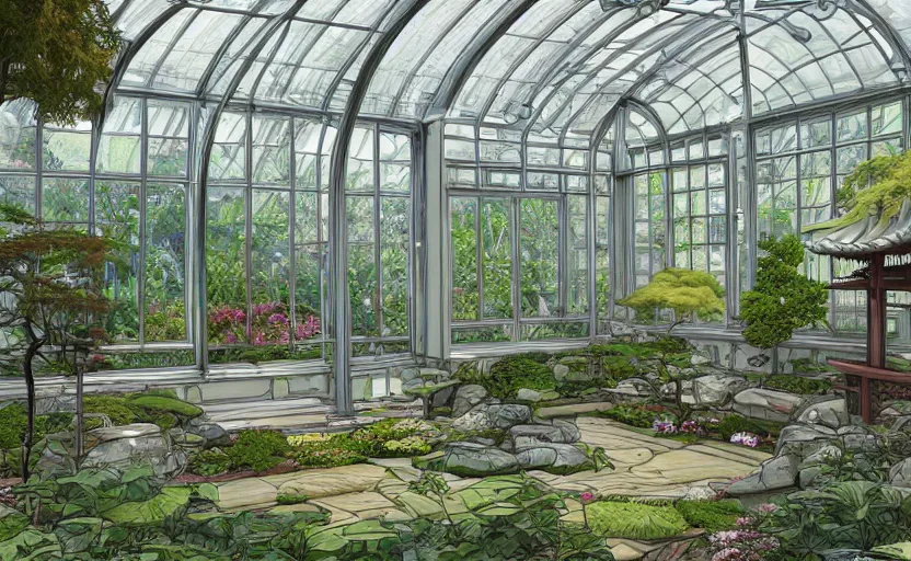 Image similar to japanese garden, huge greenhouse, sunny bay window, indoor, architecture, highly detailed, digital painting, artstation, art nouveau, concept art, sharp focus, illustration