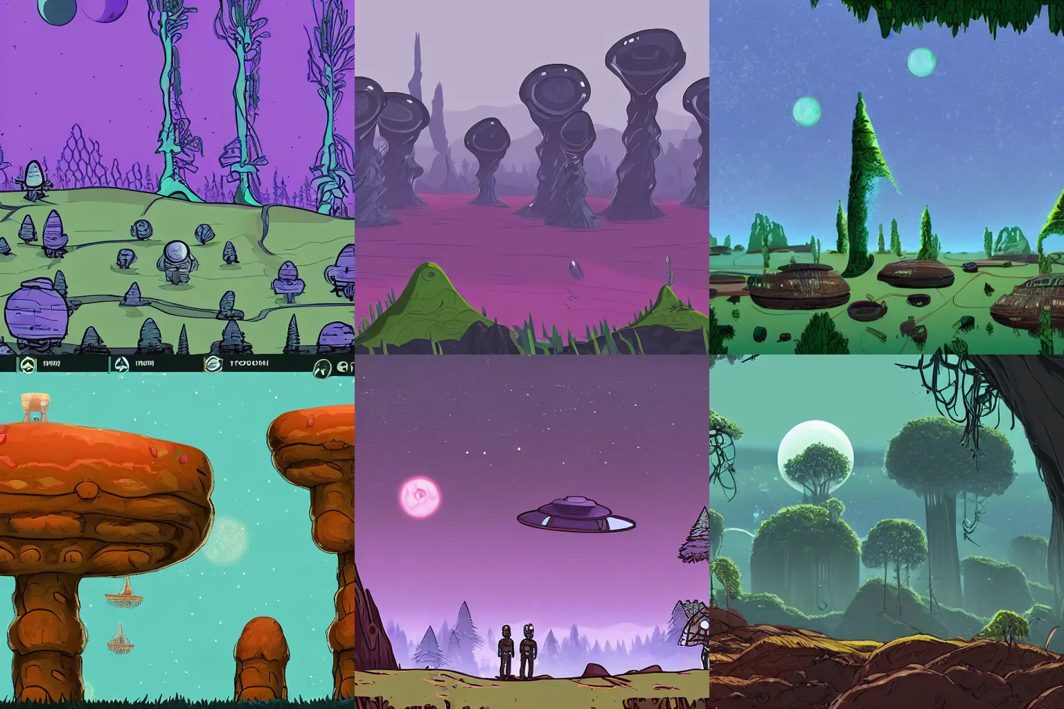 Prompt: a small colony on a strange alien planet with an alien forest in background, from a space themed point and click 2D graphic adventure game, made in 2019, high quality graphics