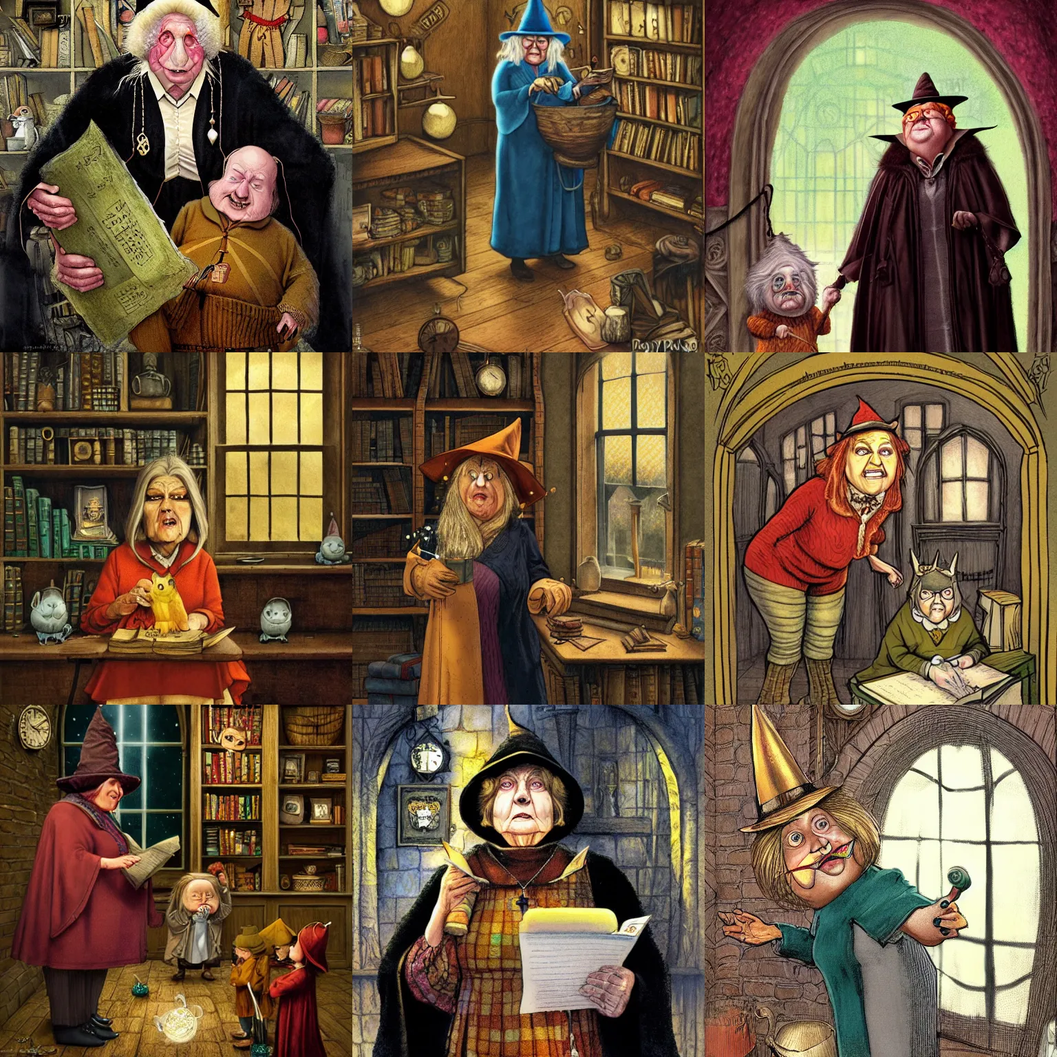 Prompt: Nanny Ogg as a motherly professor in Hogwarts School of Witchcraft and Wizardry, detailed, hyperrealistic, colorful, cinematic lighting, digital art by Paul Kidby and Jim Kay