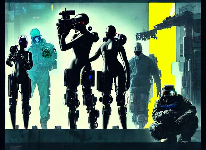 Image similar to cyberpunk blackops hazmat squad. portrait by stonehouse and mœbius and will eisner and gil elvgren and pixar. character design. realistic proportions. cyberpunk 2 0 7 7 character art, blade runner 2 0 4 9 concept art. cel shading. attractive face. thick lines. the team. diverse characters. artstationhq.