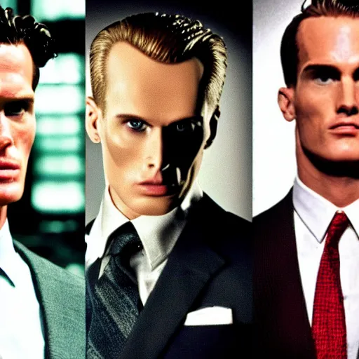 Prompt: max headroom as the american psycho, bateman stare, cinematic still