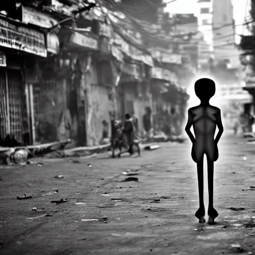 Prompt: photograph an alien roaming in Dhaka city