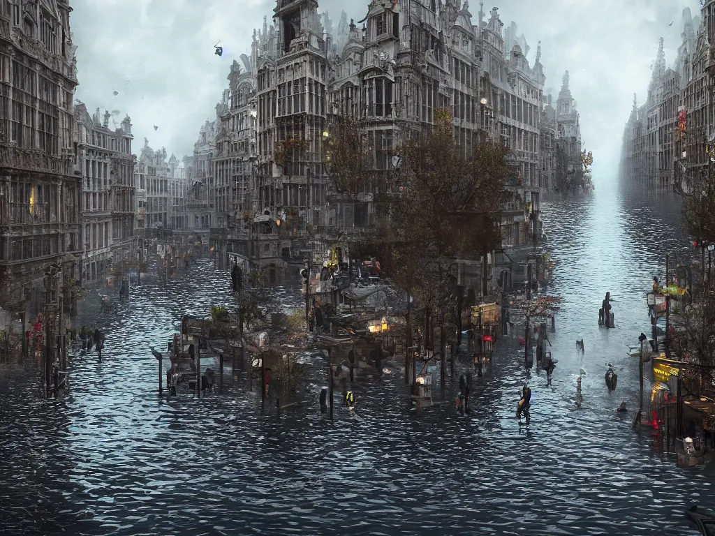 Prompt: Brussels under water, post-apocalyptic extremely detailed 8k octane rendering photorealistic