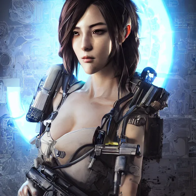 Image similar to the portrait of lawful neutral female cyberpunk marine sniper as absurdly beautiful, gorgeous, elegant, young gravure idol, an ultrafine hyperdetailed illustration by kim jung gi, irakli nadar, intricate linework, bright colors, octopath traveler, final fantasy, unreal engine 5 highly rendered, global illumination, radiant light, detailed and intricate environment