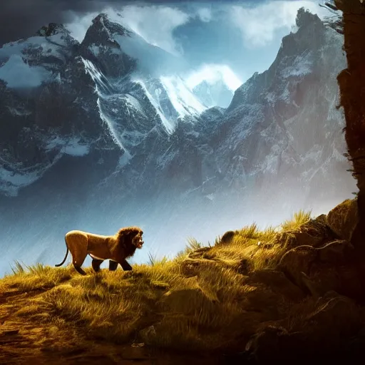 Image similar to a beautiful photo of lion roar on mountain, hyper realistic, natural light, concept art, cozy, atmospheric and cinematic lighting