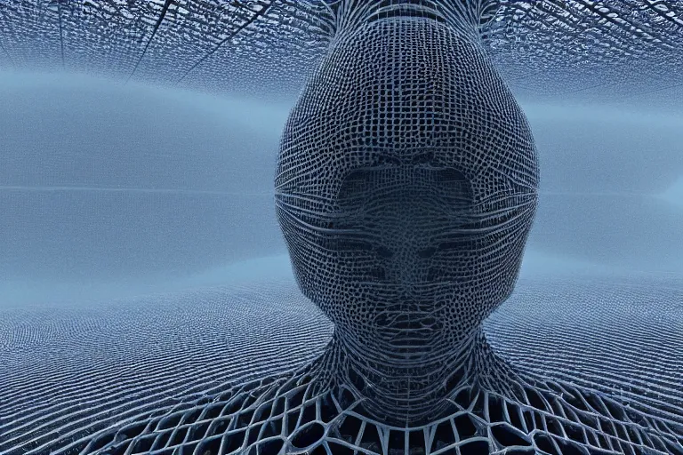 Prompt: a complex organic fractal 3 d ceramic humanoid megastructure, cinematic shot, foggy, photo still from movie by denis villeneuve