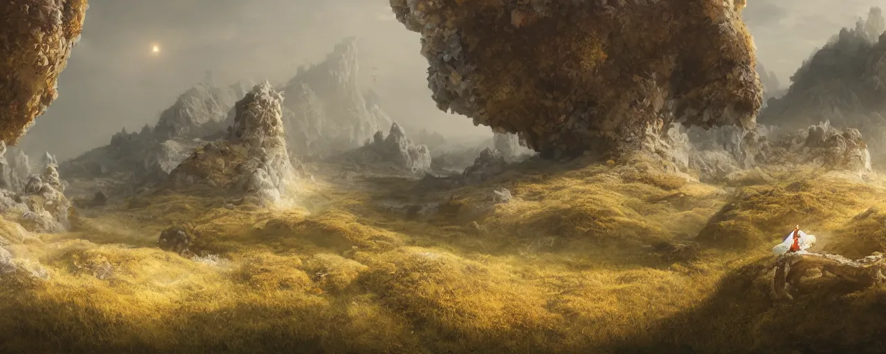 Prompt: ” otherwordly landscape with eggs covered in thick cream, [ by wlop, cinematic, detailed, epic, widescreen, opening, establishing, mattepainting, photorealistic, realistic textures, octane render ] ”