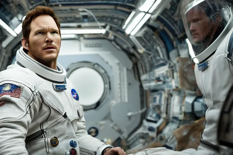 Prompt: medium shot of Chris Pratt as an astronaut in Interstellar (2014 film), detailed face, movie still, promotional image, imax 70 mm footage