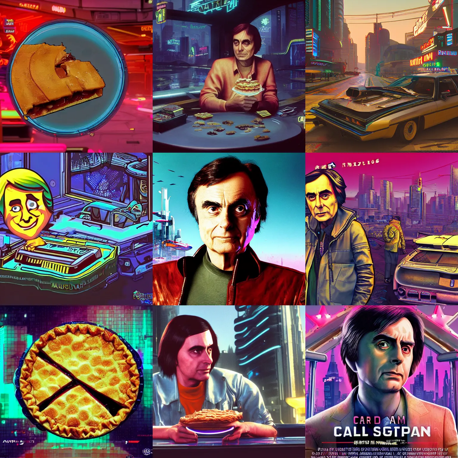 Prompt: carl sagan, apple pie in cyberpunk 2 0 7 7 cp 2 0 7 7 3 8 4 0 x 2 1 6 0